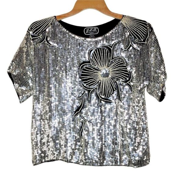 JLB Women's Silver Sequin Blouse Top Size Small 100% Silk Floral Short Sleeve - Picture 1 of 8